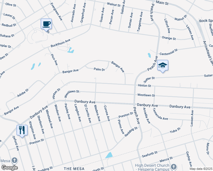 map of restaurants, bars, coffee shops, grocery stores, and more near 18127 Hinton Street in Hesperia
