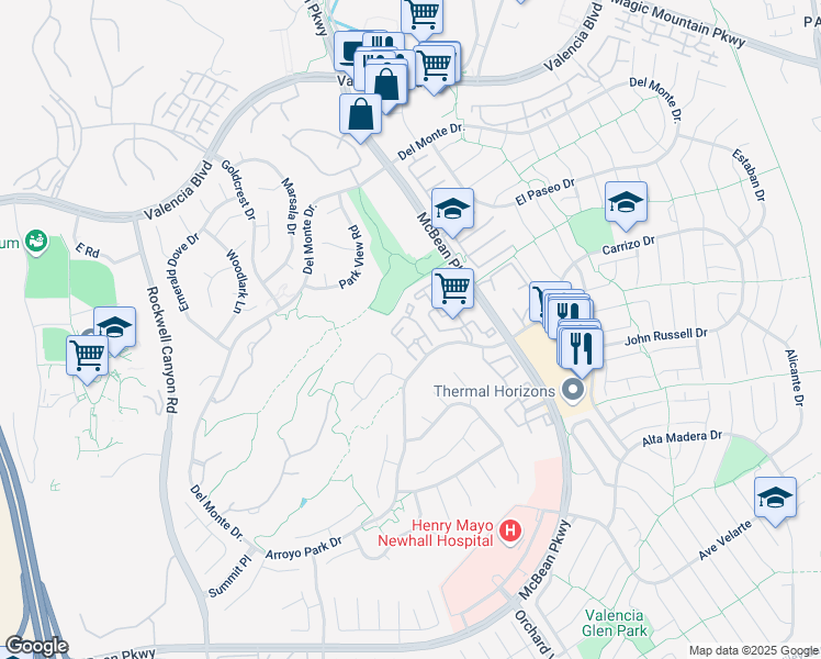 map of restaurants, bars, coffee shops, grocery stores, and more near 24009 Arroyo Park Drive in Santa Clarita