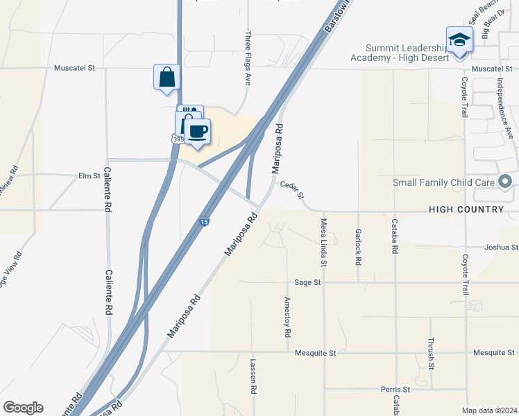 map of restaurants, bars, coffee shops, grocery stores, and more near Mariposa Road in Hesperia