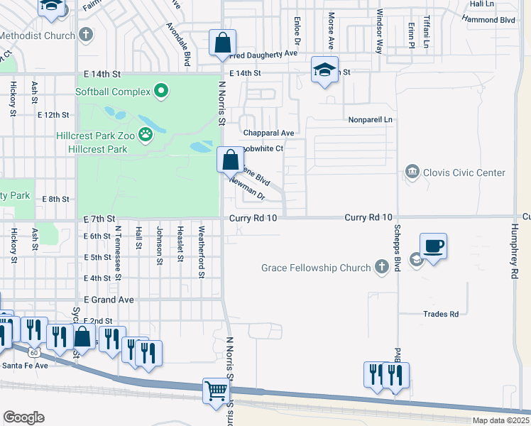 map of restaurants, bars, coffee shops, grocery stores, and more near 2500 East 7th Street in Clovis