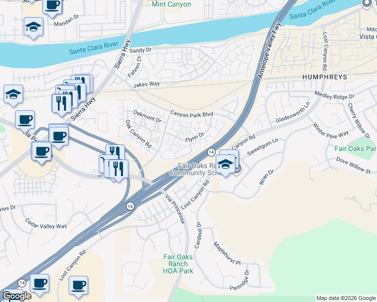 map of restaurants, bars, coffee shops, grocery stores, and more near 18114 Flynn Drive in Santa Clarita