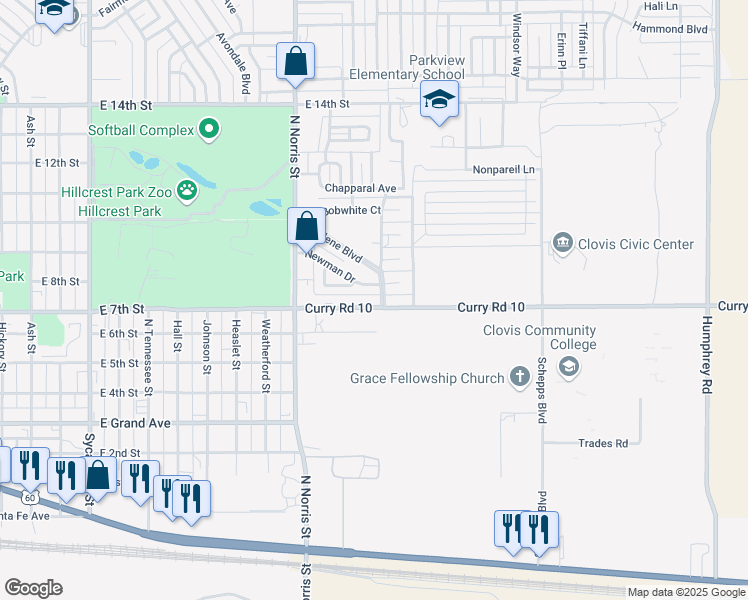 map of restaurants, bars, coffee shops, grocery stores, and more near 2321 Newman Drive in Clovis