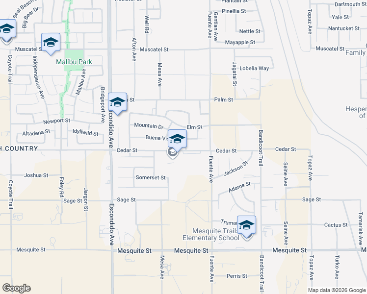 map of restaurants, bars, coffee shops, grocery stores, and more near 13611 Buena Vista Drive in Hesperia