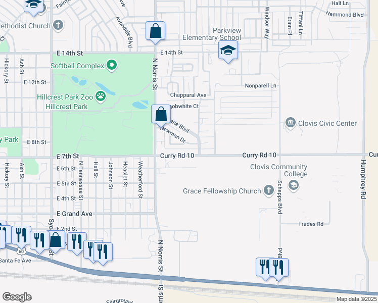 map of restaurants, bars, coffee shops, grocery stores, and more near 2510 East 7th Street in Clovis