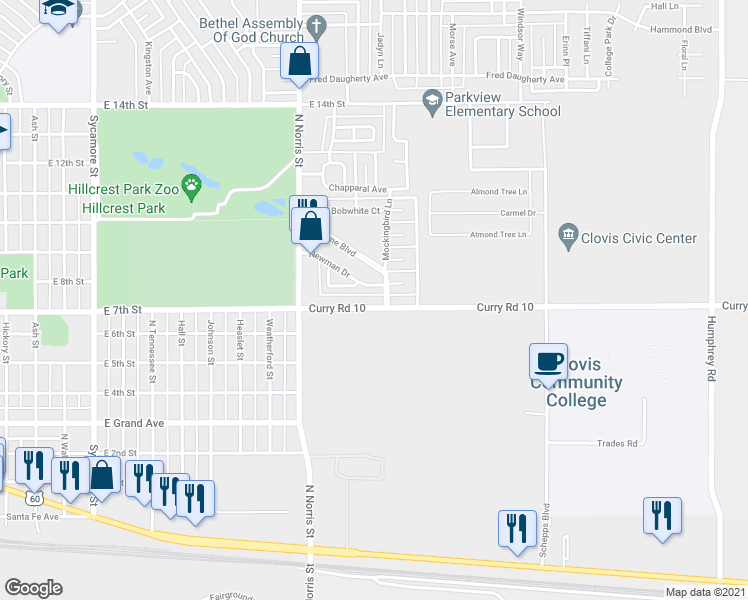 map of restaurants, bars, coffee shops, grocery stores, and more near 2520 East 7th Street in Clovis