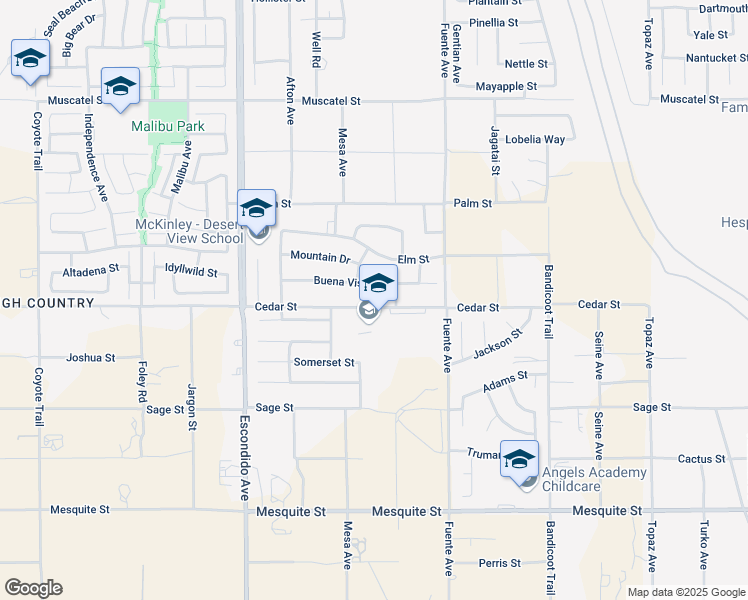 map of restaurants, bars, coffee shops, grocery stores, and more near 13555 Buena Vista Drive in Hesperia