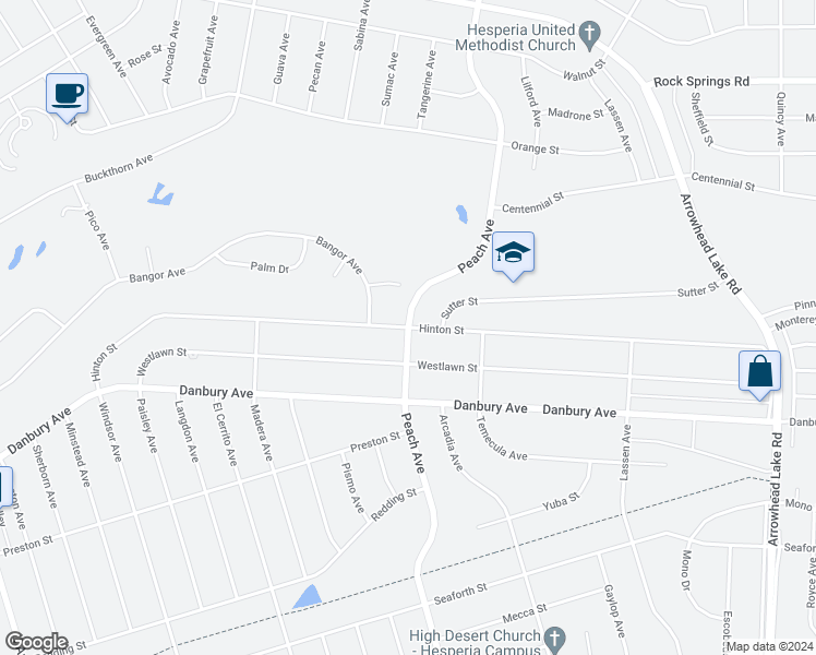 map of restaurants, bars, coffee shops, grocery stores, and more near Peach Ave & Hinton St in Hesperia