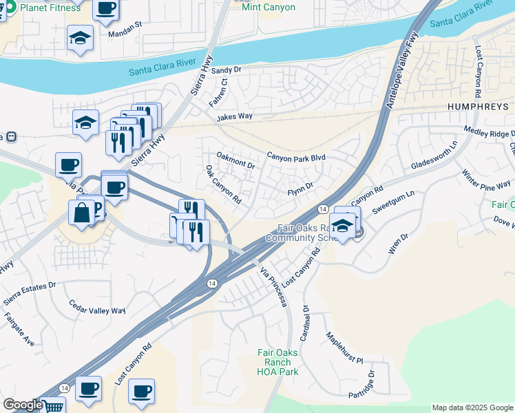map of restaurants, bars, coffee shops, grocery stores, and more near 27009 Karns Court in Santa Clarita
