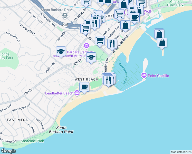 map of restaurants, bars, coffee shops, grocery stores, and more near in Santa Barbara