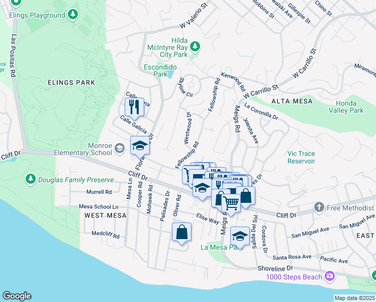 map of restaurants, bars, coffee shops, grocery stores, and more near 639 Fellowship Road in Santa Barbara