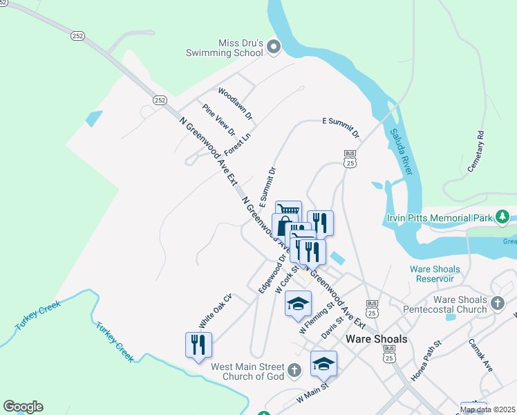 map of restaurants, bars, coffee shops, grocery stores, and more near 3 East Summit Drive in Ware Shoals