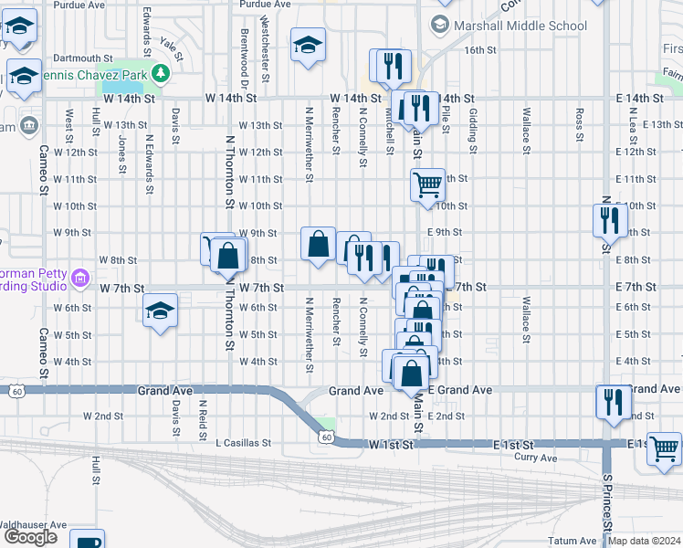 map of restaurants, bars, coffee shops, grocery stores, and more near 709 Rencher Street in Clovis