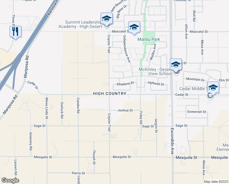 map of restaurants, bars, coffee shops, grocery stores, and more near 12921 Pearblossom Street in Hesperia