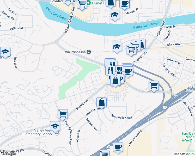 map of restaurants, bars, coffee shops, grocery stores, and more near 18907 Circle of the Oaks in Santa Clarita