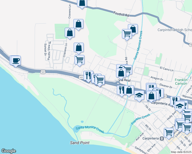 map of restaurants, bars, coffee shops, grocery stores, and more near 4140 Via Real in Carpinteria