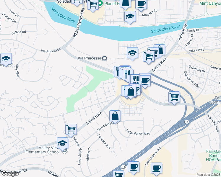 map of restaurants, bars, coffee shops, grocery stores, and more near 26807 Circle of the Oaks in Santa Clarita