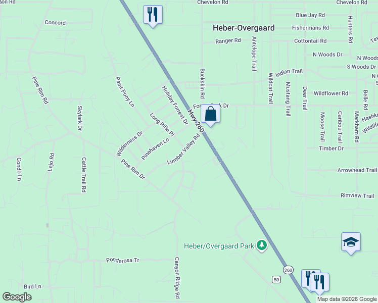 map of restaurants, bars, coffee shops, grocery stores, and more near 2053 Lumber Valley Road in Heber-Overgaard