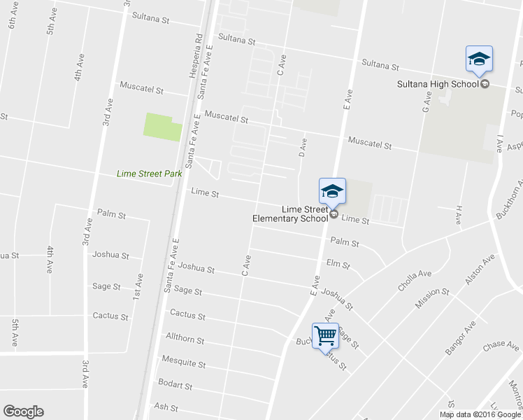 map of restaurants, bars, coffee shops, grocery stores, and more near 16655 Lime Street in Hesperia