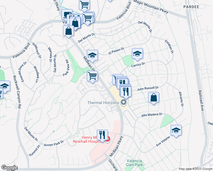 map of restaurants, bars, coffee shops, grocery stores, and more near 23855 McBean Parkway in Santa Clarita
