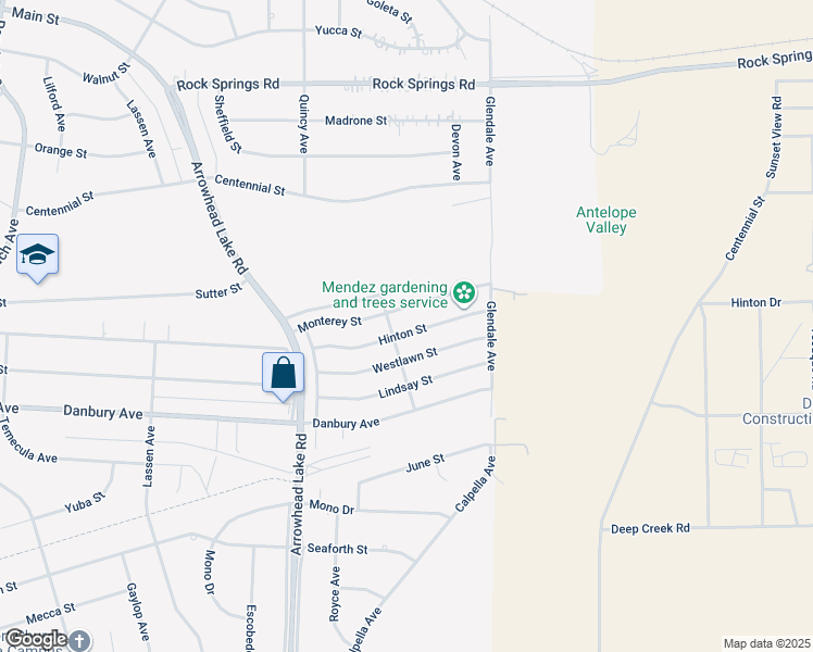map of restaurants, bars, coffee shops, grocery stores, and more near 19180 Hinton Street in Hesperia