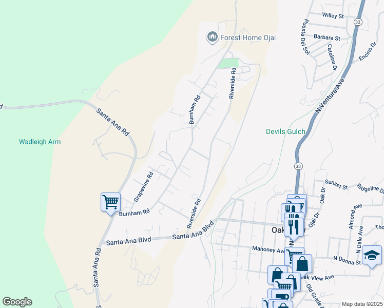 map of restaurants, bars, coffee shops, grocery stores, and more near 296 Burnham Road in Oak View
