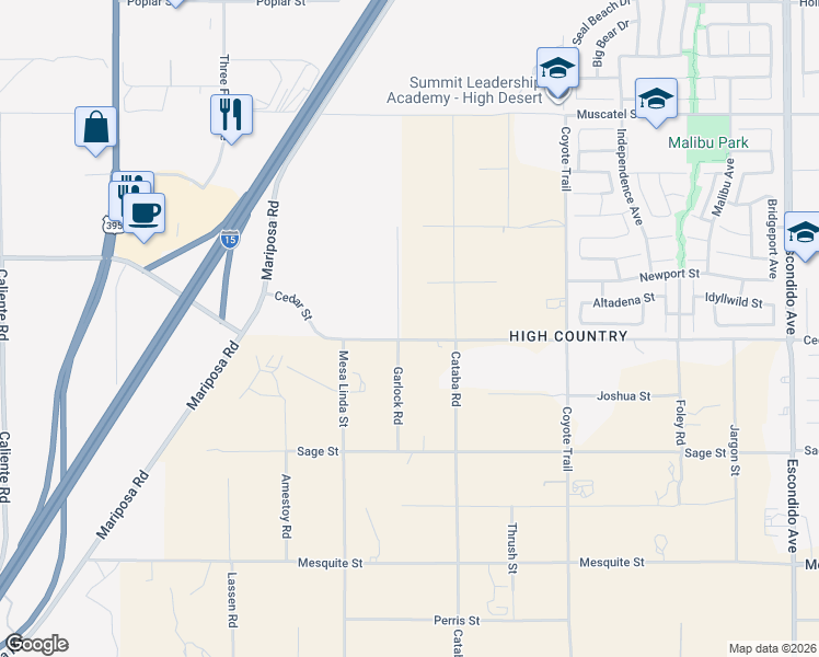 map of restaurants, bars, coffee shops, grocery stores, and more near 12628 Cedar Street in Oak Hills