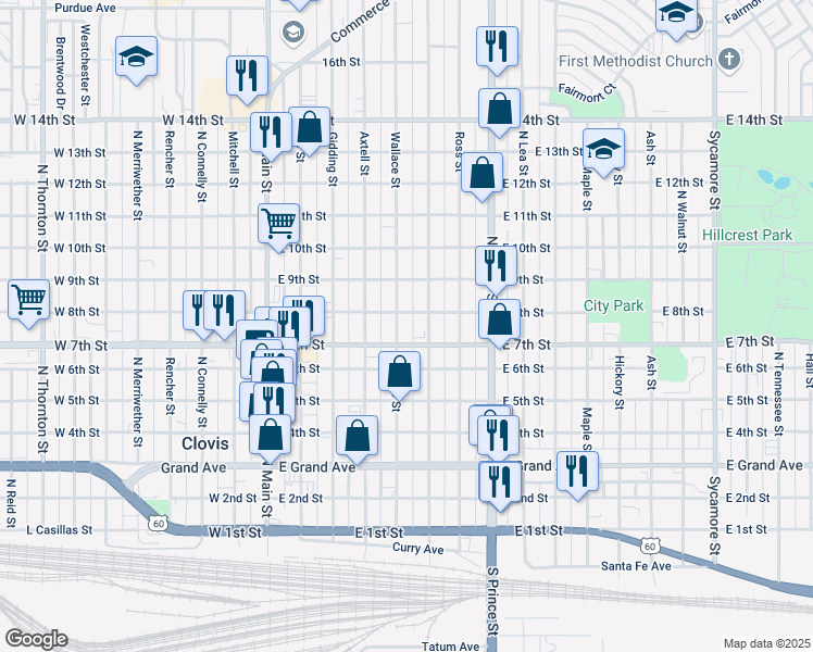 map of restaurants, bars, coffee shops, grocery stores, and more near 713 Wallace Street in Clovis