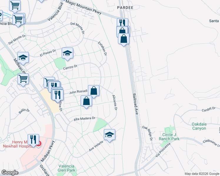 map of restaurants, bars, coffee shops, grocery stores, and more near 25710 Lupita Drive in Santa Clarita