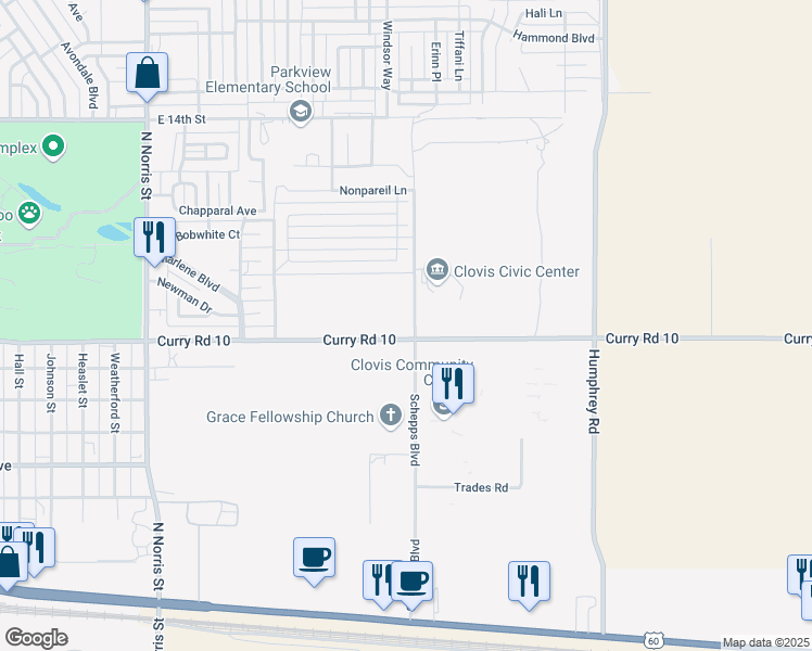 map of restaurants, bars, coffee shops, grocery stores, and more near 2816 E 7th St in Clovis