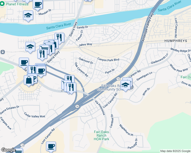 map of restaurants, bars, coffee shops, grocery stores, and more near 27012 Karns Court in Los Angeles County
