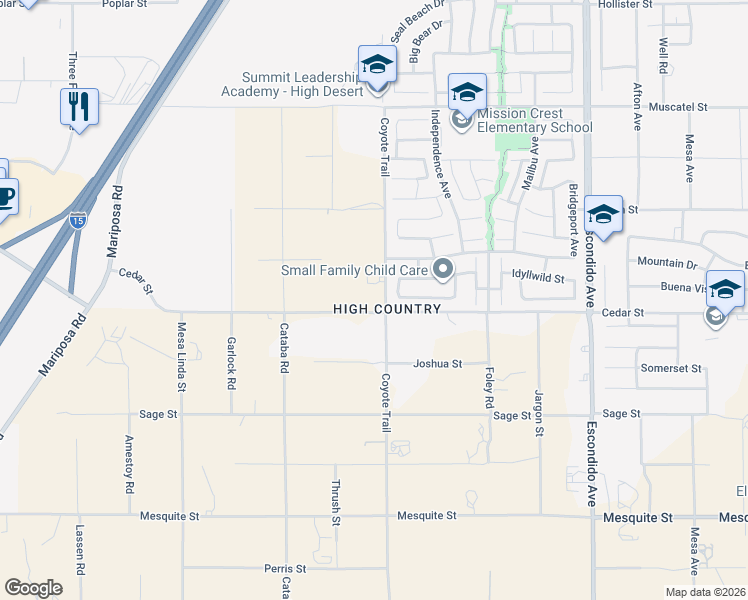map of restaurants, bars, coffee shops, grocery stores, and more near 12876 Cedar Street in Hesperia