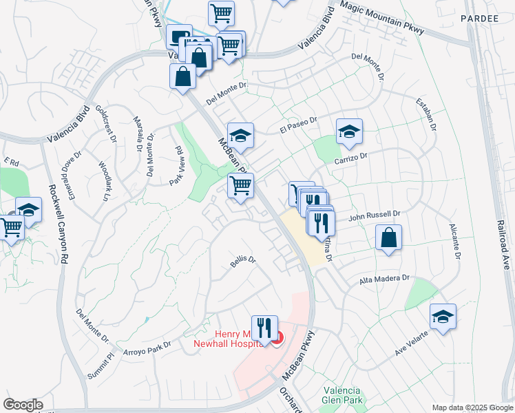 map of restaurants, bars, coffee shops, grocery stores, and more near 23855 McBean Parkway in Santa Clarita