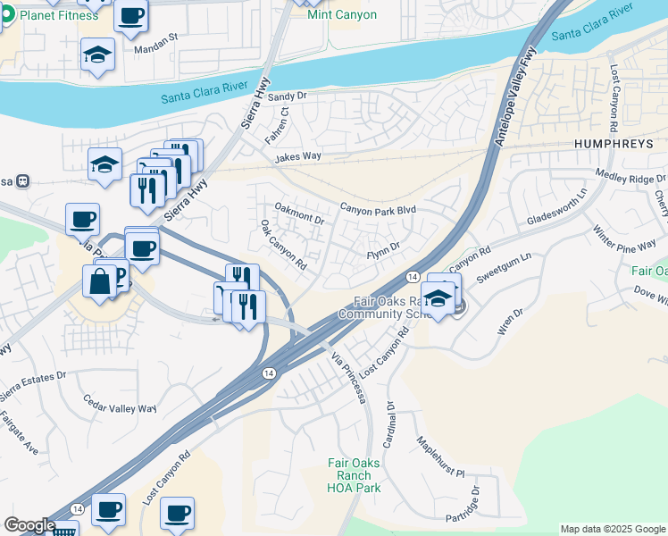 map of restaurants, bars, coffee shops, grocery stores, and more near 27000 Karns Court in Santa Clarita