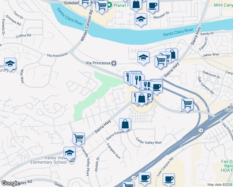 map of restaurants, bars, coffee shops, grocery stores, and more near in Santa Clarita