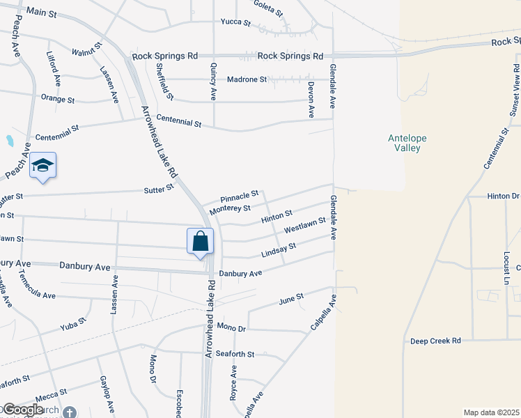 map of restaurants, bars, coffee shops, grocery stores, and more near 19093 Monterey Street in Hesperia