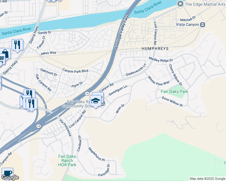 map of restaurants, bars, coffee shops, grocery stores, and more near 17767 Sweetgum Lane in Los Angeles County