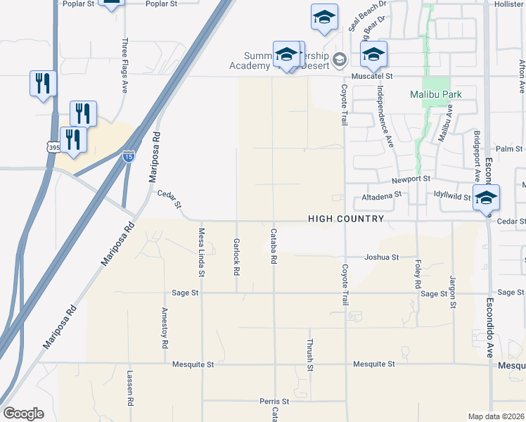 map of restaurants, bars, coffee shops, grocery stores, and more near 12628 Cedar Street in Oak Hills