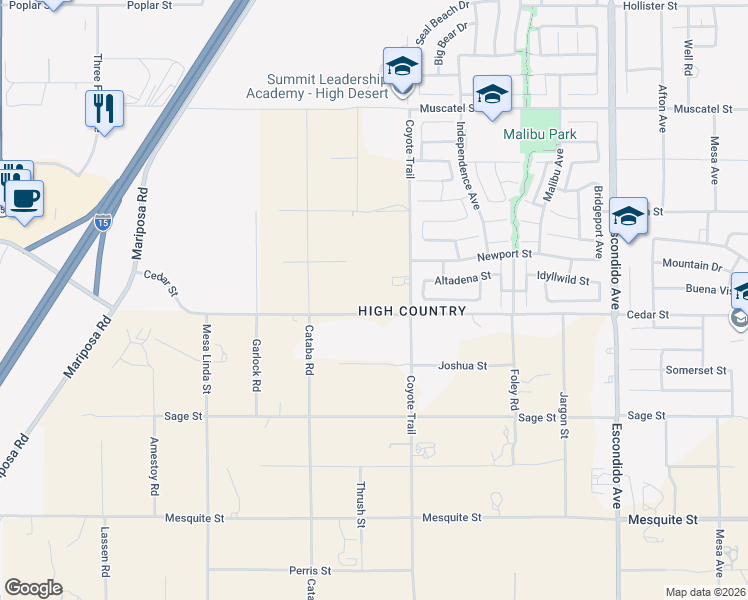 map of restaurants, bars, coffee shops, grocery stores, and more near 12830 Cedar Street in Hesperia