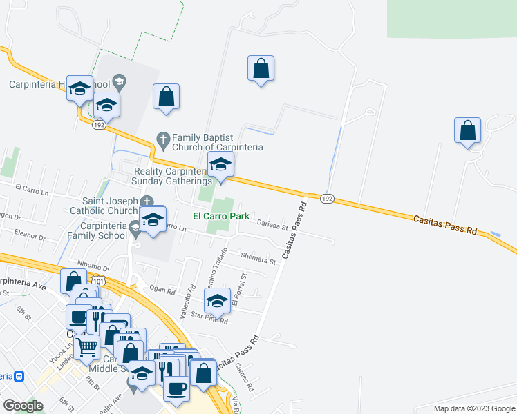 map of restaurants, bars, coffee shops, grocery stores, and more near 1558 Kathy Street in Carpinteria