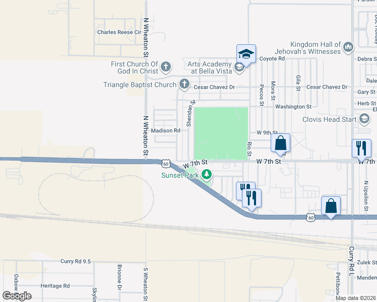map of restaurants, bars, coffee shops, grocery stores, and more near 3605 Sheridan Street in Clovis