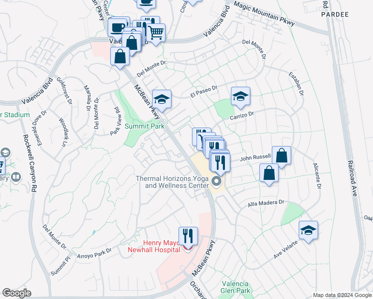 map of restaurants, bars, coffee shops, grocery stores, and more near 23855 McBean Parkway in Santa Clarita