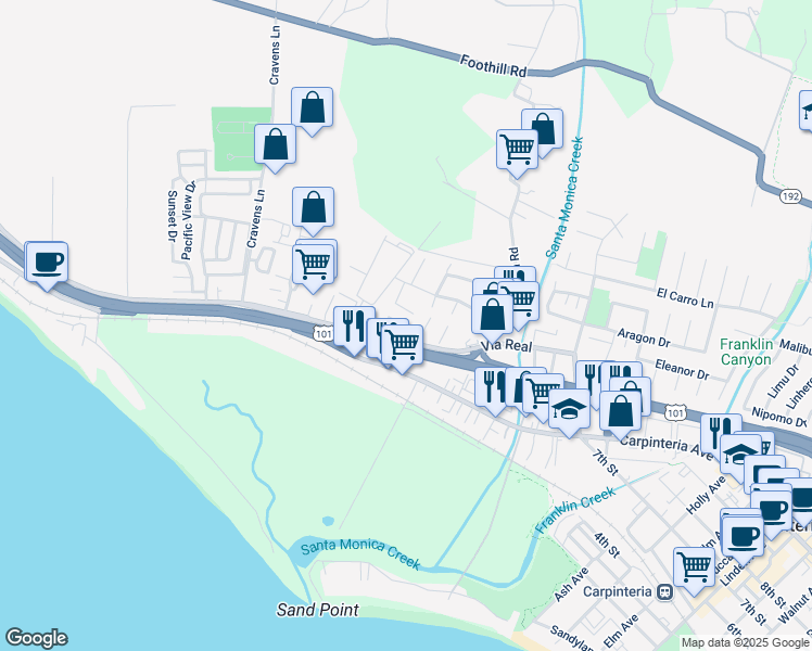 map of restaurants, bars, coffee shops, grocery stores, and more near 1313 Trieste Lane in Carpinteria