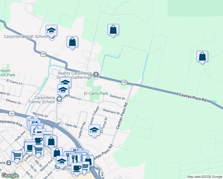 map of restaurants, bars, coffee shops, grocery stores, and more near 1558 Kathy Street in Carpinteria