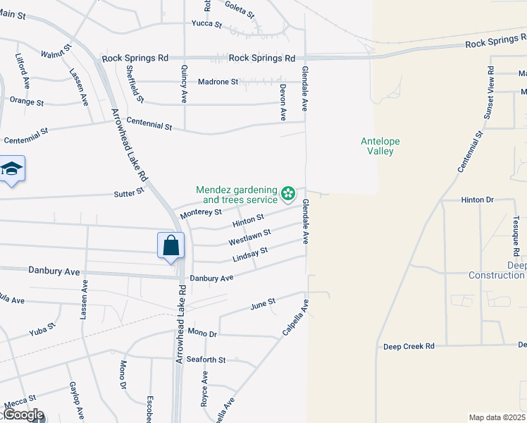 map of restaurants, bars, coffee shops, grocery stores, and more near 19180 Hinton Street in Hesperia