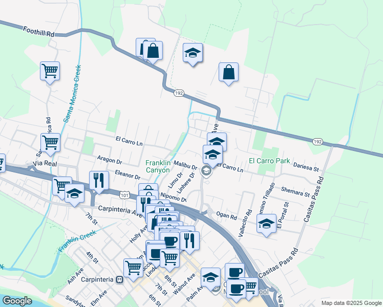 map of restaurants, bars, coffee shops, grocery stores, and more near 4887 El Carro Ln in Carpinteria