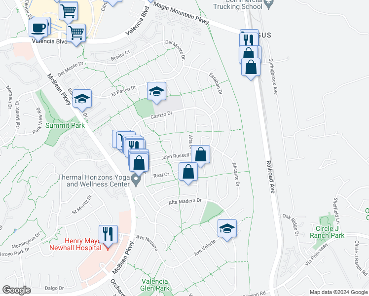 map of restaurants, bars, coffee shops, grocery stores, and more near 25814 Vaquero Court in Santa Clarita