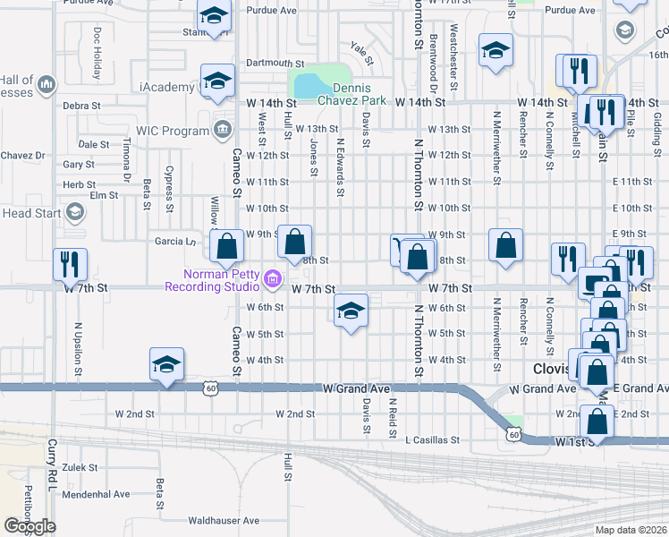 map of restaurants, bars, coffee shops, grocery stores, and more near 716 North Edwards Street in Clovis