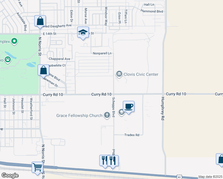 map of restaurants, bars, coffee shops, grocery stores, and more near 2816 E 7th St in Clovis
