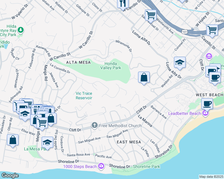 map of restaurants, bars, coffee shops, grocery stores, and more near 1522 La Coronilla Drive in Santa Barbara