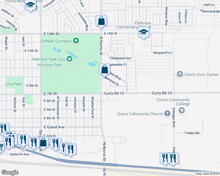 map of restaurants, bars, coffee shops, grocery stores, and more near 208 Burro Trail in Clovis